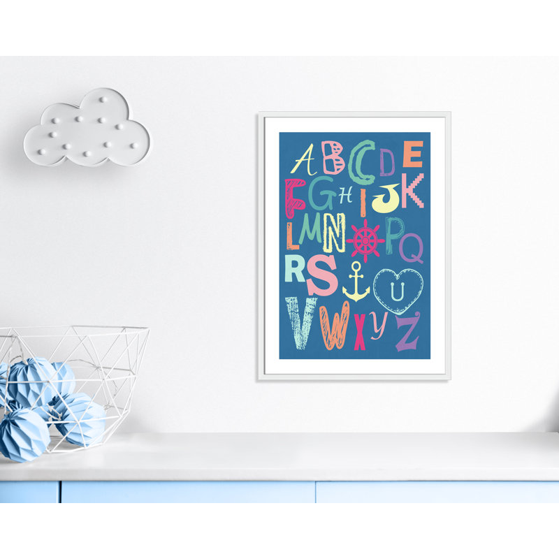 Alphabet imprimé sur papier, H 34,5 po x l 24,5 po x P 1,18 po, Encadré de boîte blanc
