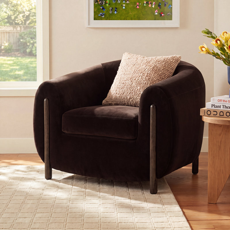 Bruno 38" W Genuine Leather Barrel Chair, Surrey Cocoa Cotton Blend