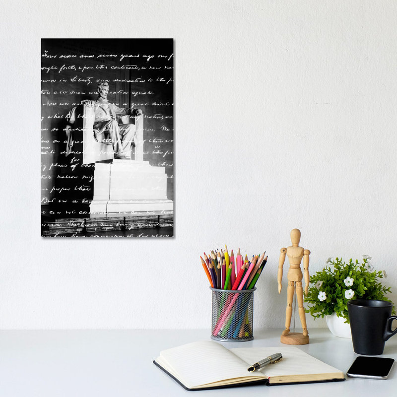 Handwritten Gettysburg Address Superimposed Over Statue At Lincoln Memorial by Vintage Images - Wrapped Canvas Print