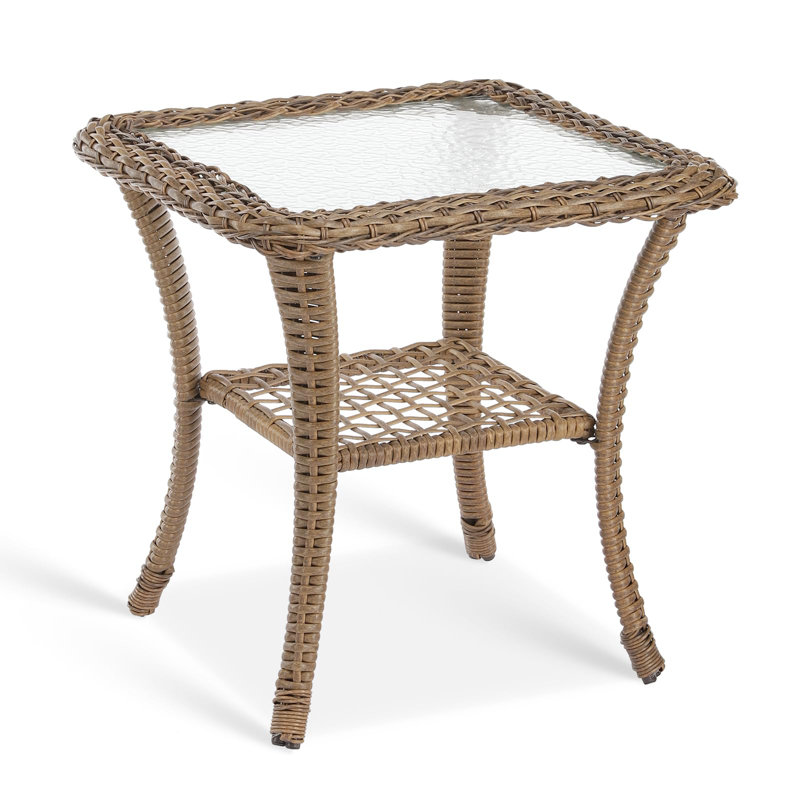  Outdoor Wicker Side Table, All-Weather Rattan Patio Side Table Bistro Table With 2-Tier Storage, Tempered Glass Top Square End Table For Indoor, Balcony, Garden, Porch, Deck, Brown
