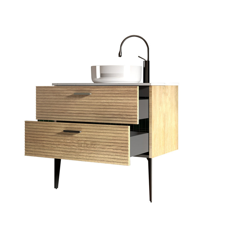 Meuble-lavabo en chêne naturel rayé 30 po avec lavabo en céramique Emilia, conception moderne autoportante pour salles de bain élégantes
