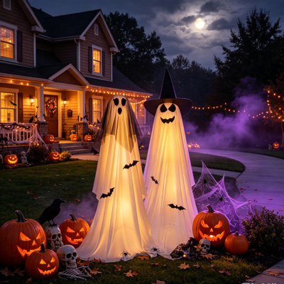Lot de 2 décorations d'Halloween fantômes lumineuses, décorations de fête d'Halloween intérieures avec télécommande et minuterie, décor fantôme effrayant pour porche, jardin, terrasse et pelouse