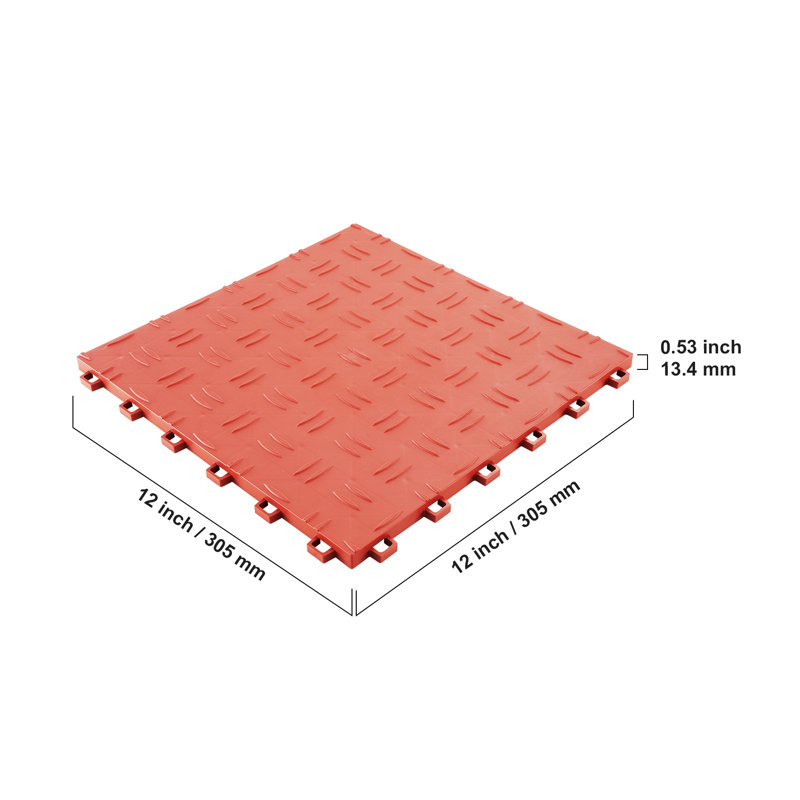 Carreaux de sol de garage à emboîtement, plancher modulaire en polypropylène de 12 po x 12 po, paquet de 25 tapis antidérapants rouges pour garages, sous-sols et ateliers