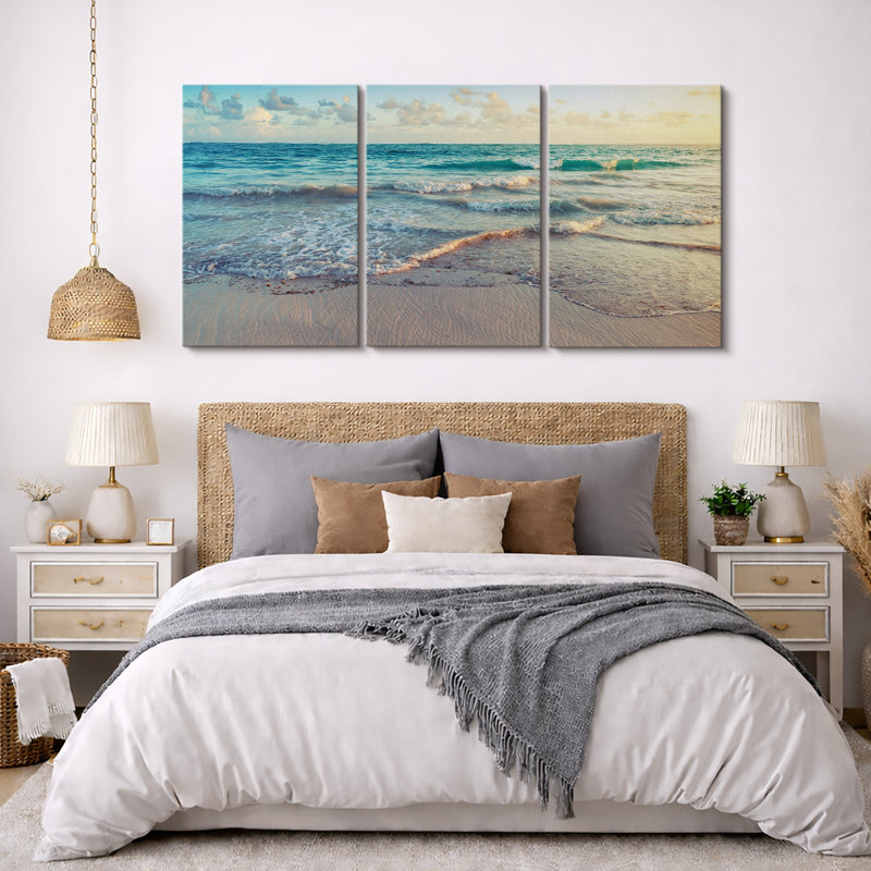 "Coastal Beach", "Sunrise On Ocean Waves Crashing", photos de décor de plage moderne bleu-vert doux, impression sur toile encadrée 3 pièces "16" x 24 "x 3 pièces, 24" x 36 "x 3 pièces