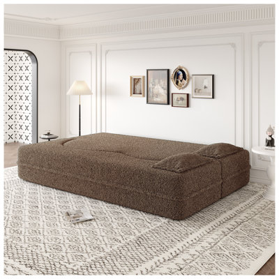 Modern Convertible Sleeper Sofa Bed with 2 Pillows - Teddy Fabric Full Size Floor Sofa, 15'' Folding Mattress, No Assembly Required, Brown
