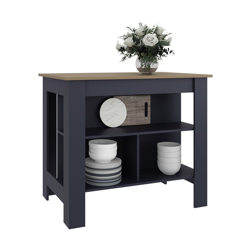 Îlot de cuisine bleu marine moderne, trois étagères pour casseroles, poêles et ustensiles, grand comptoir pour la préparation des repas, design à quatre pieds, matériau principal : panneaux de particules, profondeur d'une étagère ouverte : 71,5 cm, idéal pour la décoration de la salle à manger