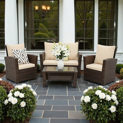 4-Piece Wicker Patio Conversation Set With Glass Table, All-Weather Rattan Furniture