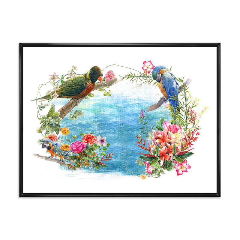 Oiseaux et fleurs au bord de l'eau - peinture sur toile, H 24 po x l 32 po x P 1 po, Cadre flottant noir