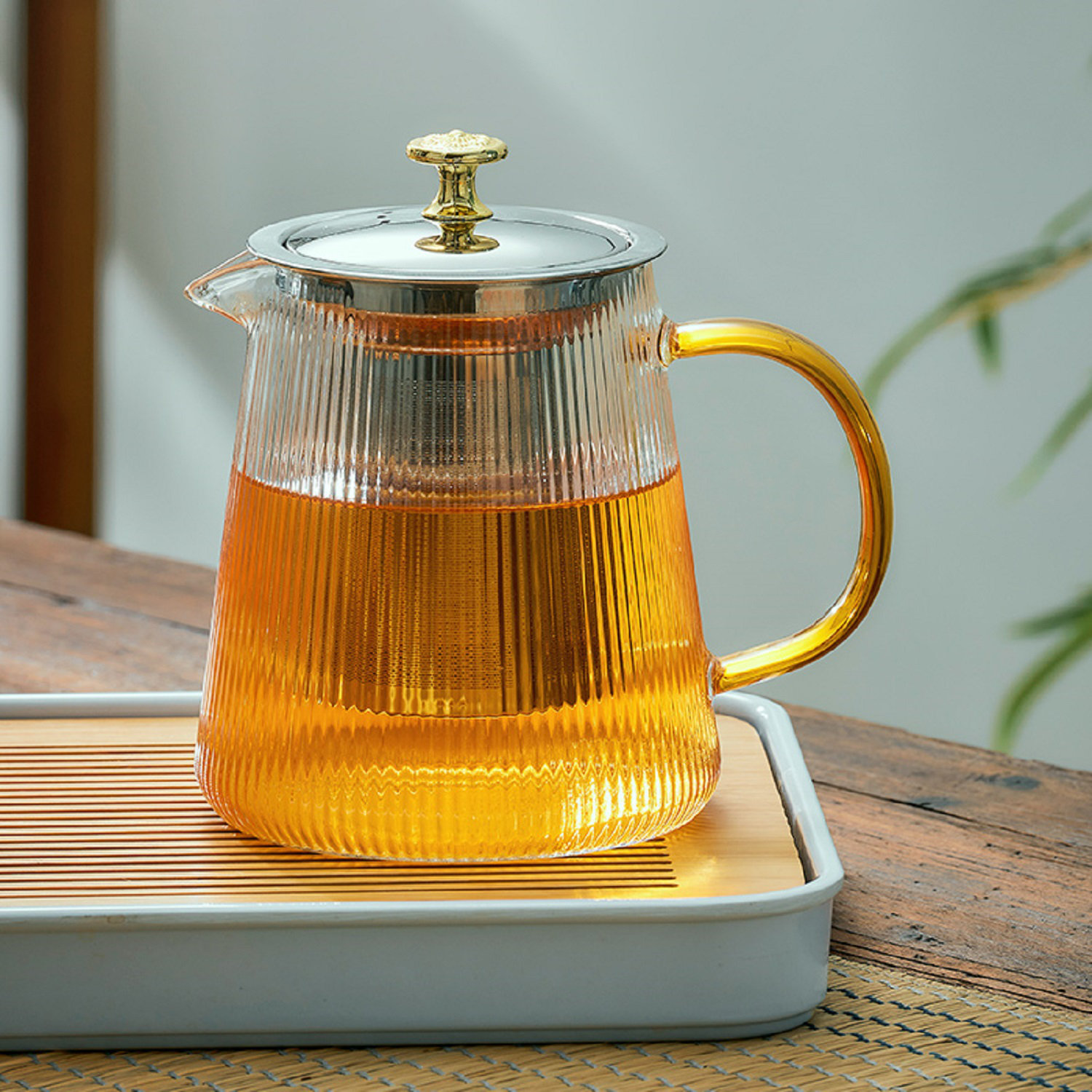 1pc, Teapot, Heat-resistant Glass Teapot, Glass Teapot With Tea Filter,  Thickened Glass Tea Pot With Wooden Handle, Glass Teapot For Ceramic Stove