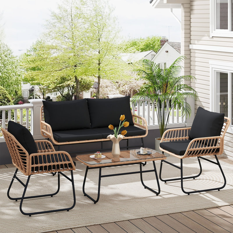 Ensemble de conversation de patio 4 pièces avec coussins, pour jardin, cour et piscine, Noir