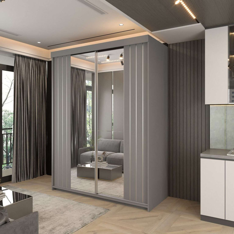 2 Door Laminate Wardrobe, Grey, 217cm H x 150cm W x 62cm D