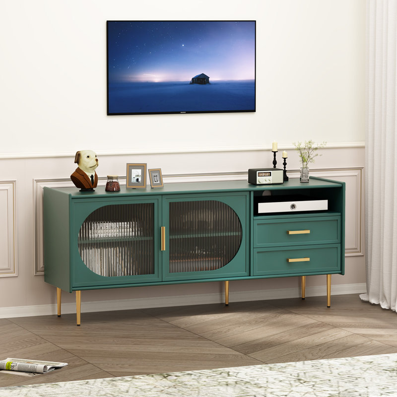 Meuble télé 60 po Modern Farmhouse pour téléviseur de 70 po ou moins, console média en verre cannelé avec 2 tiroirs et rangement ouvert, centre de divertissement avec pieds en métal doré pour le salon et la chambre à coucher