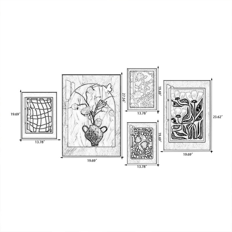 Un ensemble de décoration murale rectangulaire en toile de style Mid-Century de cinq pièces, adapté pour une utilisation dans le salon.