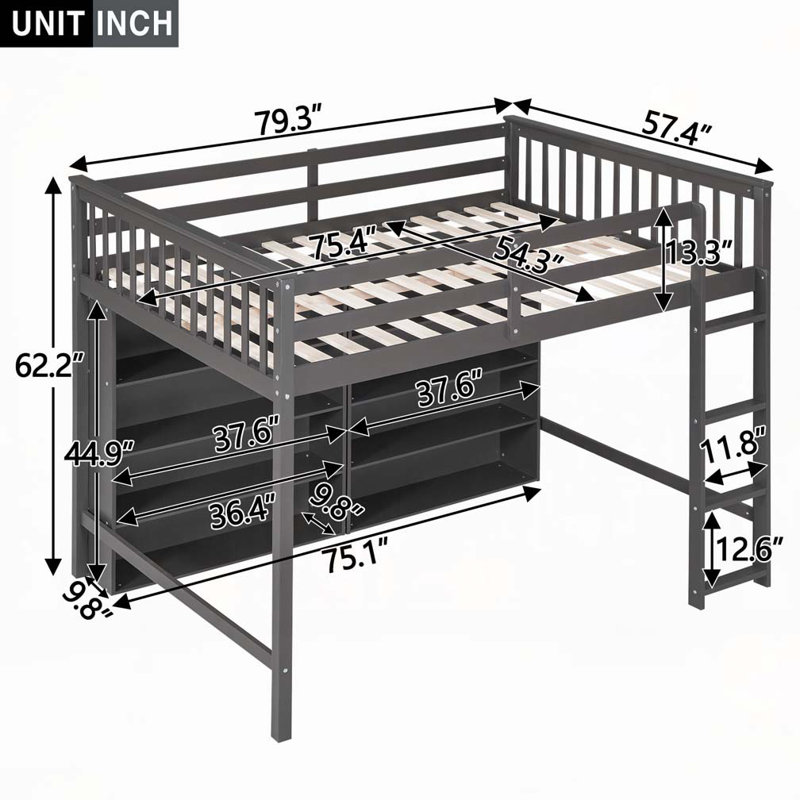 Lit avec 8 tablettes de rangement ouvertes, Gris
