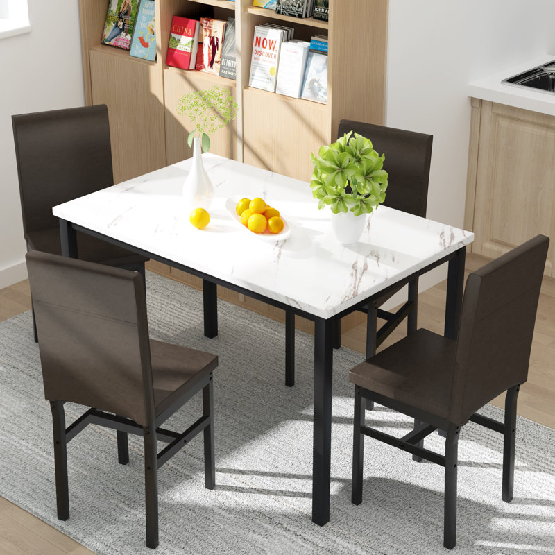 4 - Person Four Leg Dining Set, Marble Black, Black