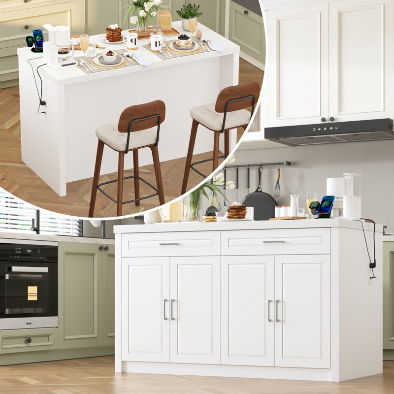 Multifunctional Kitchen Island With Charging Station, White