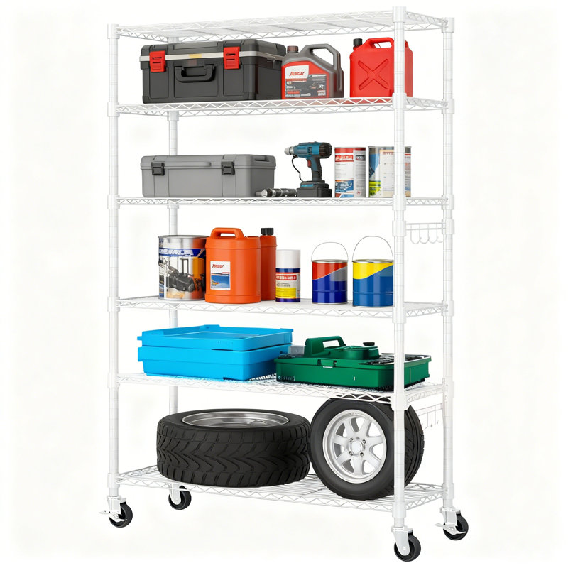 81'' White 6-Tier Storage Shelves With Hooks And Wheels