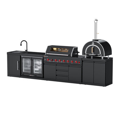 Ensemble d'îlot de cuisine extérieur modulaire 5 pièces Vestivium - Barbecue au gaz à 6 brûleurs V611 avec brûleur latéral et infrarouge arrière, meuble-lavabo, réfrigérateur à double porte, armoire de rangement à double porte et four à pizza de comptoir