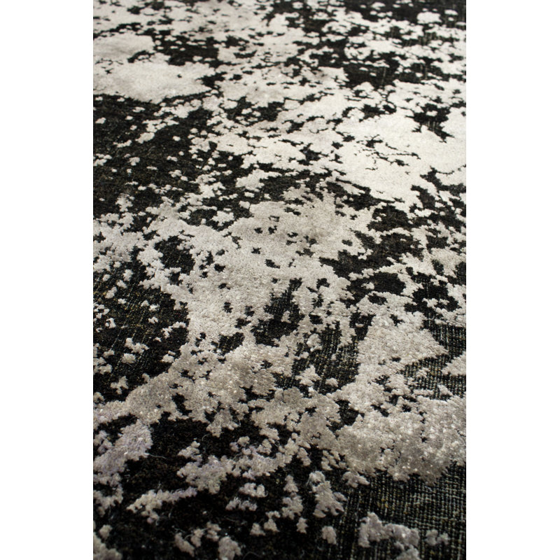 Odyssey Post Modern Organic Abstract Black Silver Hand-Knotted Wool/Silk Luxury Area Rug / Rug, Rectangle 9' x 12'