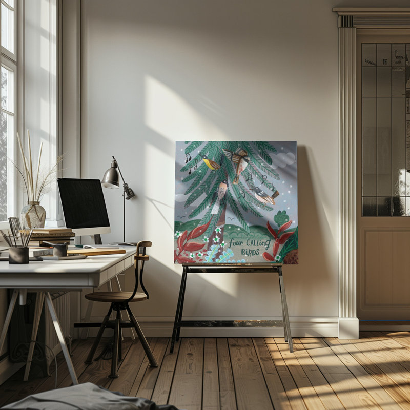 "Four Calling Birds", art mural sur toile tendue, H 16 po x l 16 po