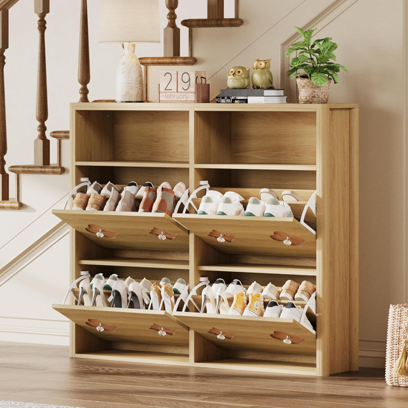 Shoe Cabinet with Flip Drawers, Slim Freestanding Shoe Rack Cabinet, Flower Pattern & Diamond-Shaped Handles, Natural, 4