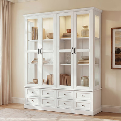 63'' W Glass Display Bookcase With LED Lighting, 4 Glass Doors And 8 Drawers