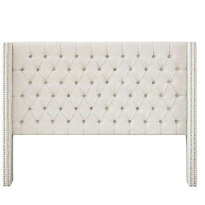 Tête de lit à boutons avec revêtement, garniture cloutée double, pieds réglables pour la chambre à coucher, grand lit, capitonnage transitionnel crème, décoration de chambre à coucher