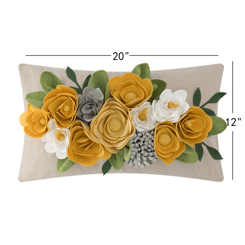  Decorative 3D Flower Throw Pillow Cover Accent Pillowcase 12 x 20 Inch, Yellow Floral