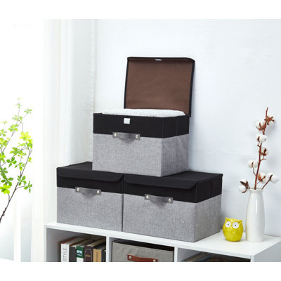 Foldable Lidded Storage Bin [3-Pack] Collapsible Sturdy Cationic Fabric Storage Basket Cube W/Handles