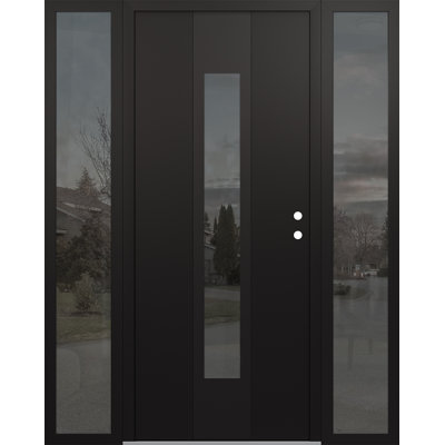 A1 Right-Hand Panel Black Steel Prehung Front Entry Door With Two Sidelites