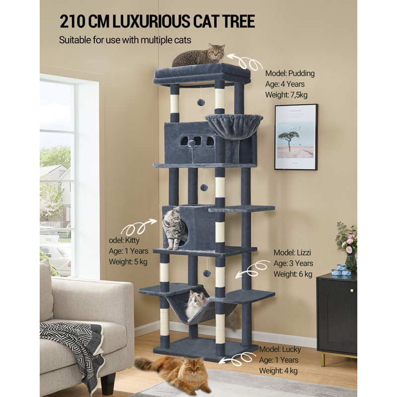 Cat Tree for Indoor Cats, Large Tall Cat Tower, Multi-Level Cats House with Condo, 8 Scratching Posts, Hammock, 4 Pom Poms