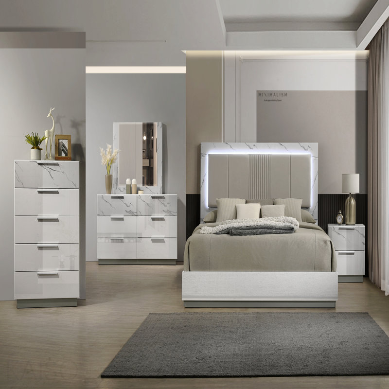 Commode blanche - Finition bicolore très brillante en marbre et laque avec cinq tiroirs à glissement lisse, tiroir supérieur doublé de velours