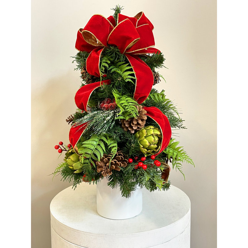 Holiday Tree with Artichokes, Berries and Bows in Pot