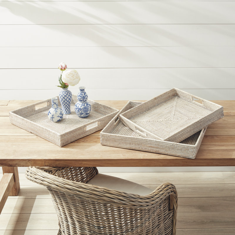 Burma Rattan 3 Piece Serving Tray Set, White