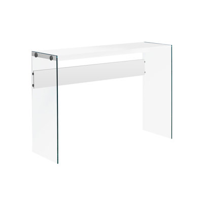 Table en verre trempé transparent avec stratifié blanc brillant, idéale pour les couloirs et les chambres