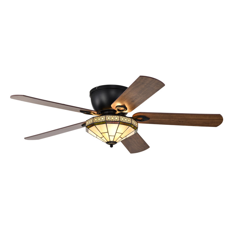 Margno 52-Inch Flushmount Lighted Ceiling Fan Jewel Cut Design Tiffany Glass Lamp Black Finish