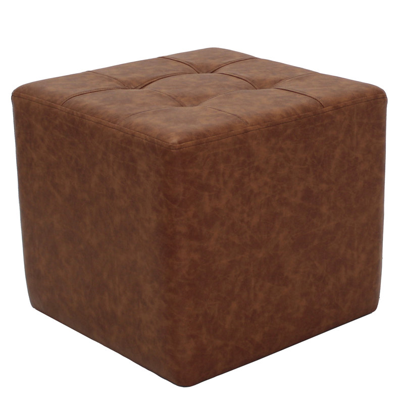 Distressed Tufted Square Ottoman, Brown Polyurethane