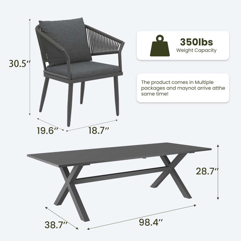 Ensemble repas extérieur pour 8 personnes avec coussins 8 personnes, Dark Gray Cushion/Dark Gray Frame, 8