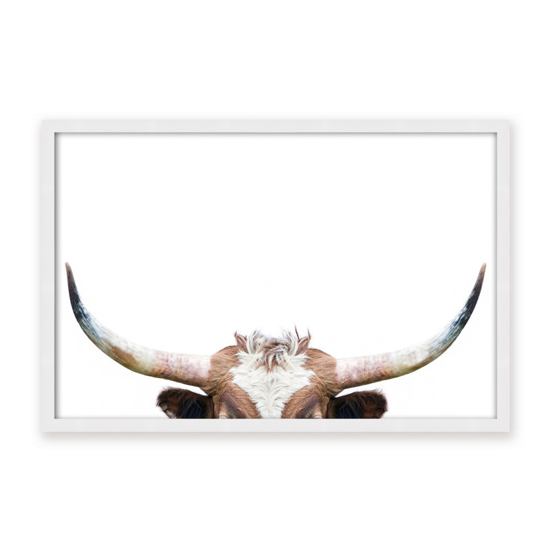 Nature Inspired Peeking Longhorn Cow by  - Picture Frame Photograph on Paper, 24" H x 36" W x 1.125" D, Framed Print, Brown