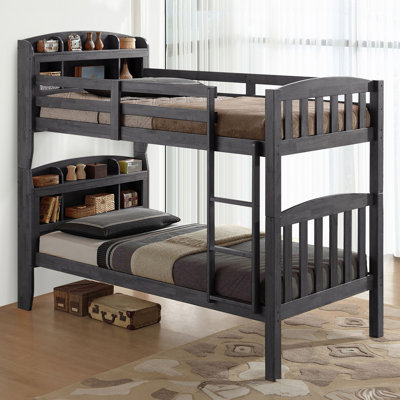 Lit simple superposé au-dessus gris avec finition transitionnelle, bois massif et bois d'ingénierie, têtes de lit bibliothèque, style gris, avec lattes et design convertible