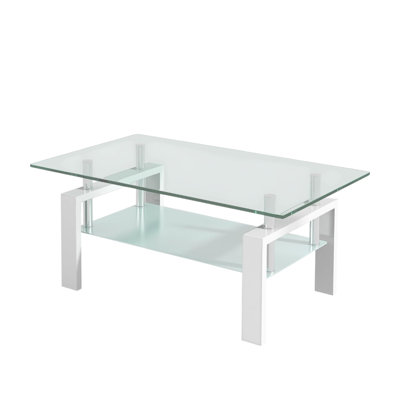 Table basse en acier et verre transparent et blanc 39 po avec tablette