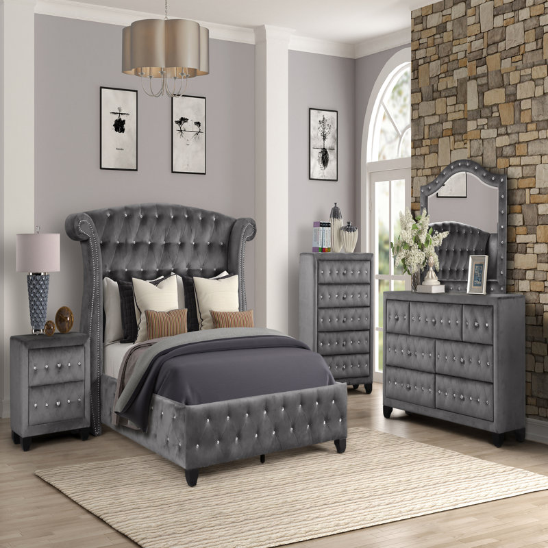 Commode capitonnée à 5 tiroirs de style moderne avec tissu en velours et bois, Gris