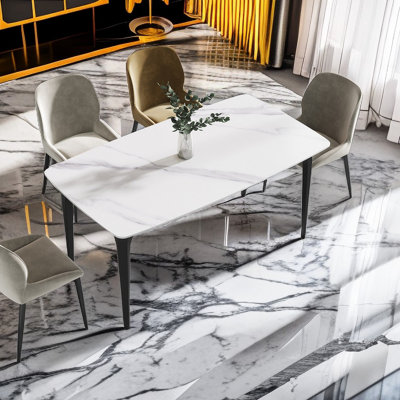 Eniel Rectangular Oval Sintered Stone Kitchen Dining Table With 4 Metal Legs by Ivy Bronx
