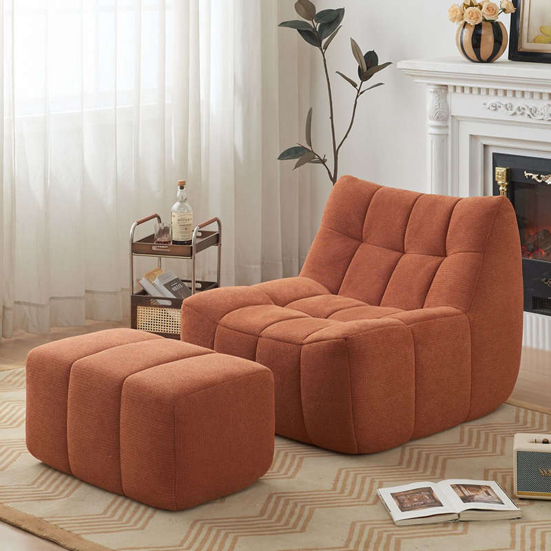 33.7" Bean Bag Lounge Chair With Ottoman, Orange