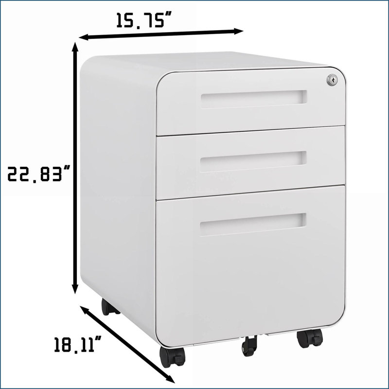 File Cabinet, 3 Drawer Mobile Under Desk Storage with Lock for Office | Snow White Metal, White