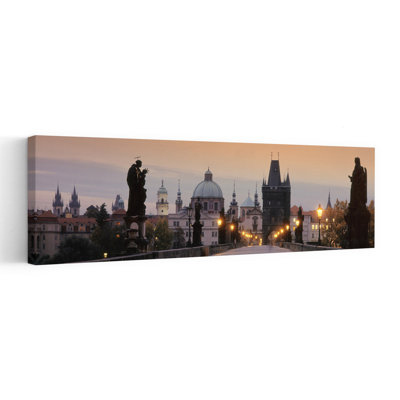 Lit Up Bridge At Dusk Charles Bridge Prague Czech Republic by Frank Chmura - Wrapped Canvas Panoramic Print