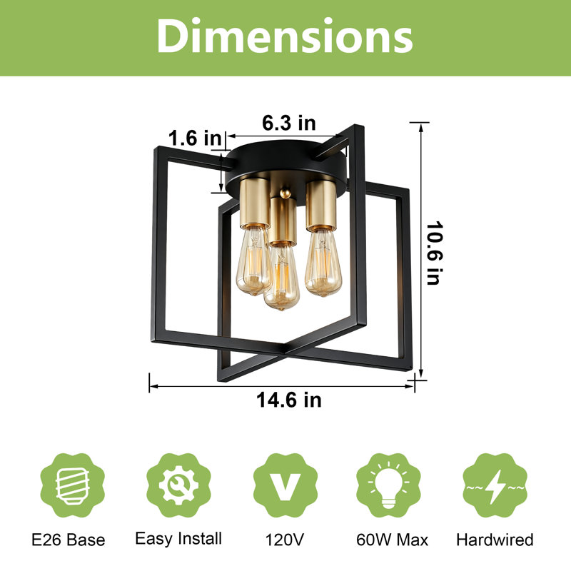 3-Light Metal Flush Mount Ceiling Light, Black & Gold