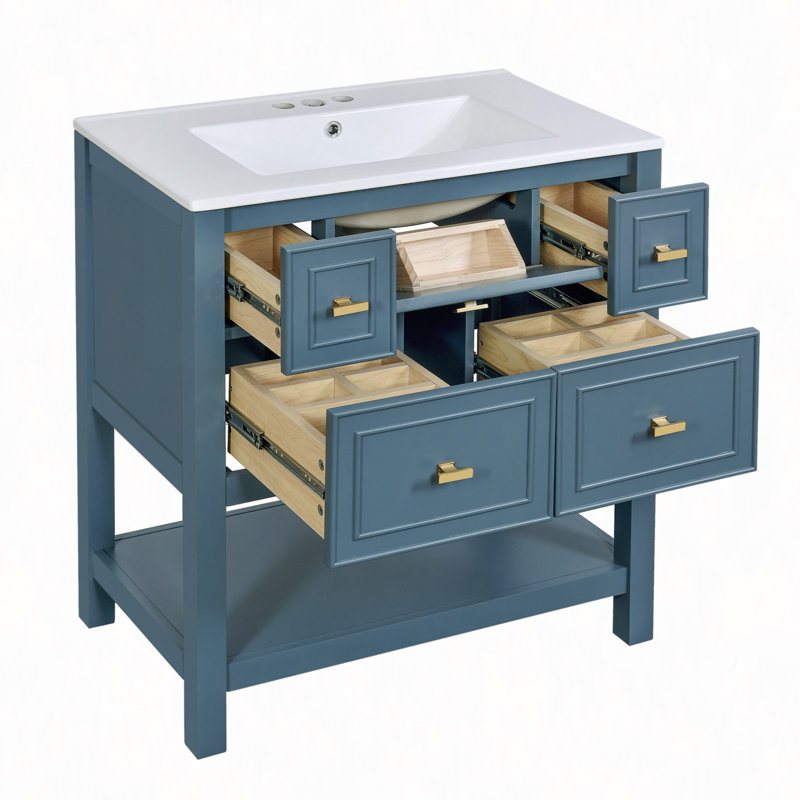 Ensemble de meuble-lavabo autoportant 30 po avec 5 tiroirs, ensemble de meuble-lavabo autoportant 30 po avec cadre en bois massif
