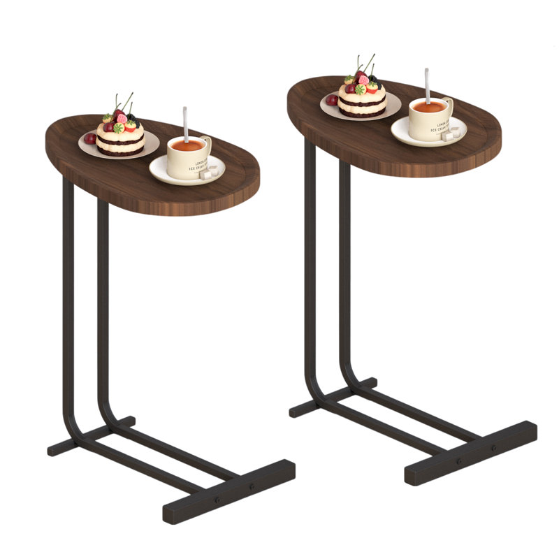 Set of 2 c-shaped side tables in white, modern wood top with metal frame design for sofa and bedside use