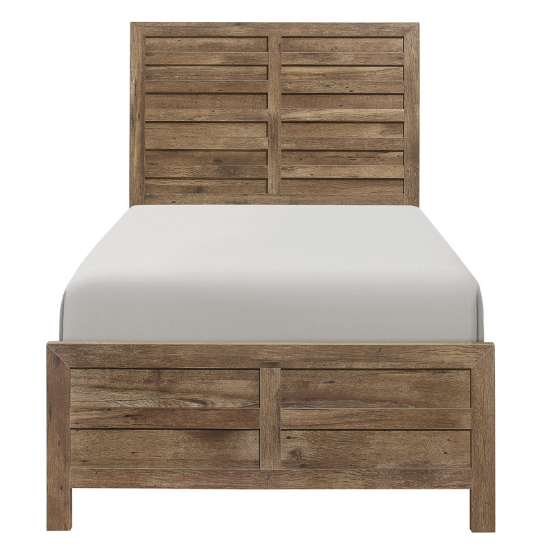 Lit simple rustique à motif de lignes modernes, finition en pin vieilli, tête de lit et rails pour la chambre à coucher, sommier essentiel, lit simple à conception avec rails, indispensable, nécessaire, assemblage rapide